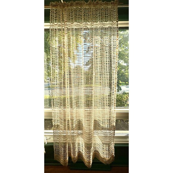 Vintage 70s curtain, long cream & tan, open weave mesh, boho single panel - Picture 1 of 7